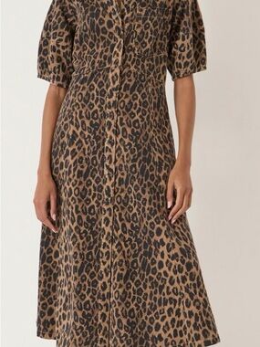 HUSH lark barrel sleeve denim dress, in natural leopard brown
